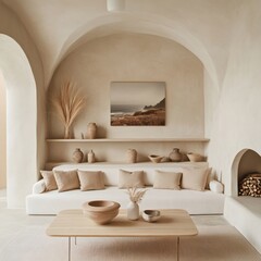 Fototapeta premium Sofa against fireplace in room with arch window and ceiling. Mediterranean interior design of modern living room. 