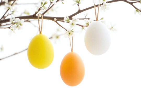 three easter eggs hanging from a branch with willow branches - Powered by Adobe