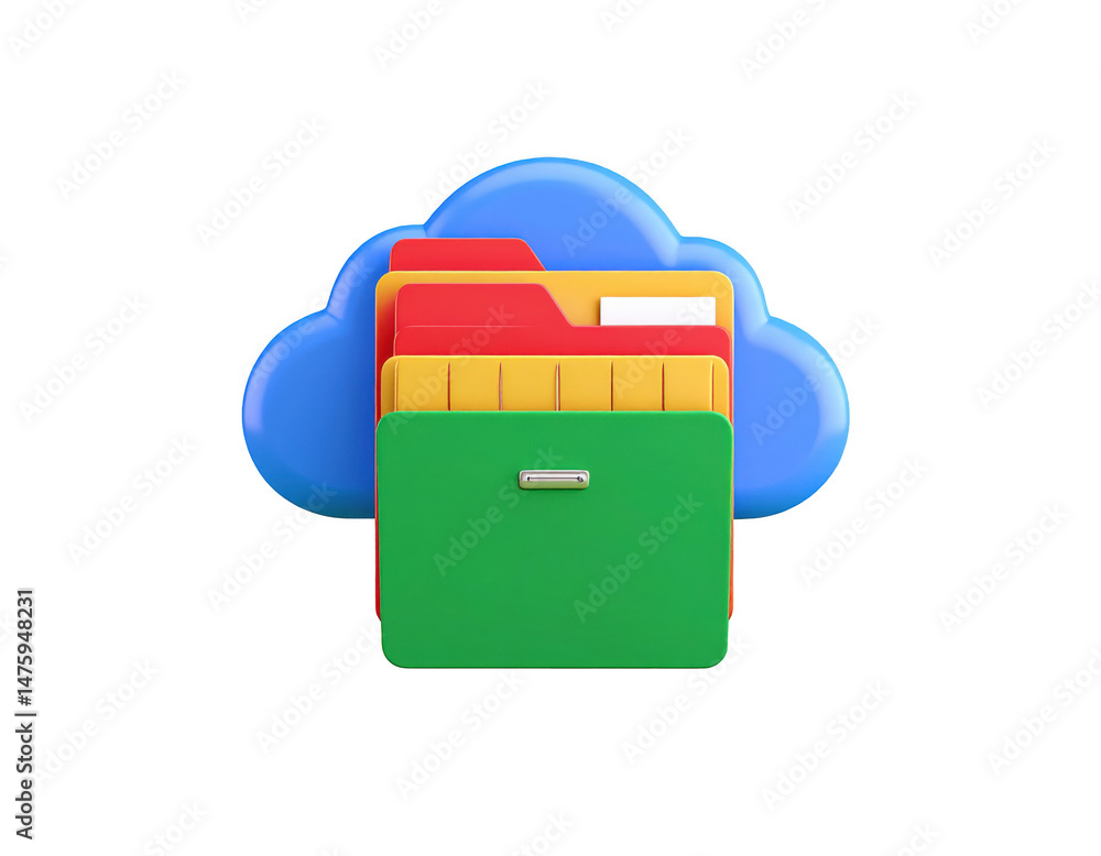 Poster storing digital files in cloud with colorful folders