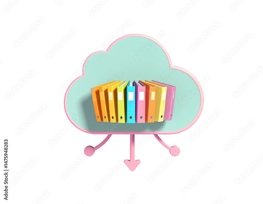 Poster cloud storage concept with colorful folders and data transfer arrow