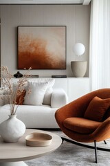 Modern Japandi interior design with stylish accent chair and neutral grey wall perfect for minimalist mock-up presentation
