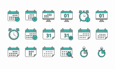 Calendar and Time Icons Set representing calendars, dates, time, and related concepts such as scheduling, deadlines, and reminders