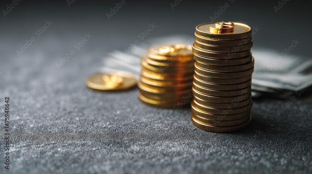 Poster stack of coins symbolizing wealth with space and the concept of margin in life and financial managem