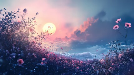Naklejka premium Aesthetic Dreamscape with Floral Field and Pastel Sky at Sunrise or Sunset