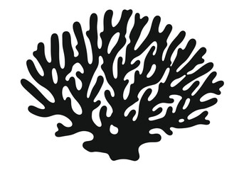 Coral silhouette. This image shows a black and white design of marine coral with intricate branching structures, highlighting its organic reef formation. Vector clipart illustration design.