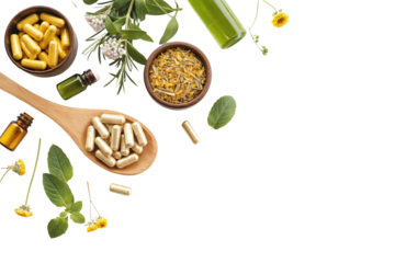 Natural Herbal Supplements and Ingredients on White Background