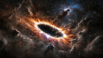 A powerful black hole surrounded by a kaleidoscope of cosmic clouds, with intense bursts of stardust and light creating an ethereal scene.