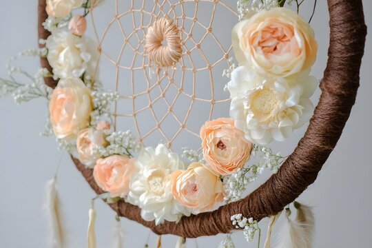 A beautiful dreamcatcher adorned with delicate floral arrangements and feathery details for design - Powered by Adobe