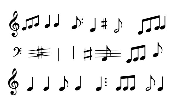 Set of musical notes and symbols. a collection of  black musical notes and symbols arranged in three rows on a white background.