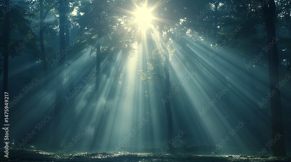 Poster sunlight filtering through forest canopy creating atmospheric scene