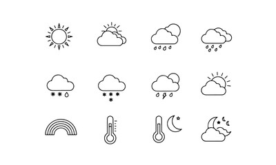 Line Weather Icons Set. Various atmospheric conditions such as rain, clouds, water droplets, snow, temperature, star, moon, sun, lightning, and wind