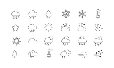 Fototapeta premium Line Weather Icons Set. Various atmospheric conditions such as rain, clouds, water droplets, snow, temperature, star, moon, sun, lightning, and wind