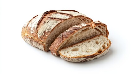 Artisan sourdough bread loaf cut into slices with a golden crust isolated