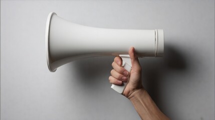 Hand holding a white megaphone representing clean message release for a zero-noise campaign marketing icon concept
