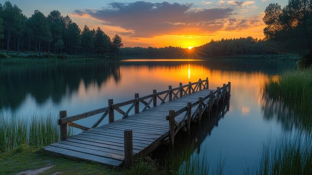 Serene sunset over a tranquil lake, wooden dock