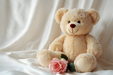 A charming beige teddy bear with a delicate pink rose resting on soft white satin fabric background.
