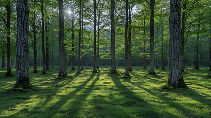 Fototapeta premium Sunlit Forest Scene with Tall Trees Green Foliage and Long Shadows