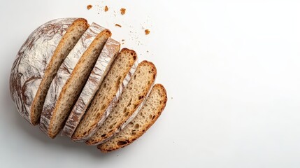 Artisanal bread loaf with distinct crumb and flour dust on a white surface