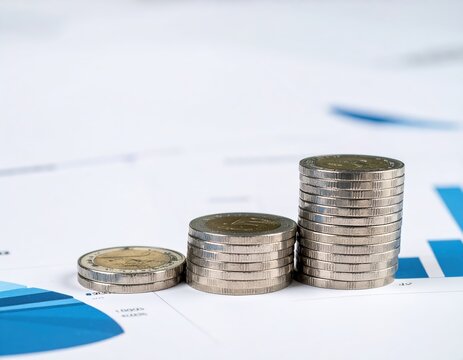 A collection of shiny coins scattered across a wooden table, alongside colorful graphs and charts, illustrating financial trends and data analysis.