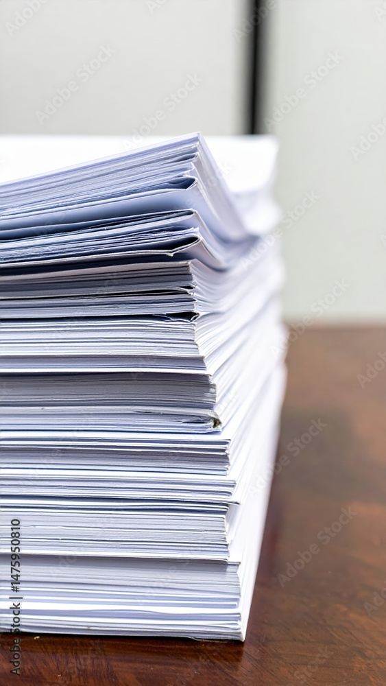 Poster a neatly organized stack of white papers rests on a polished wooden table, with a soft light illumin
