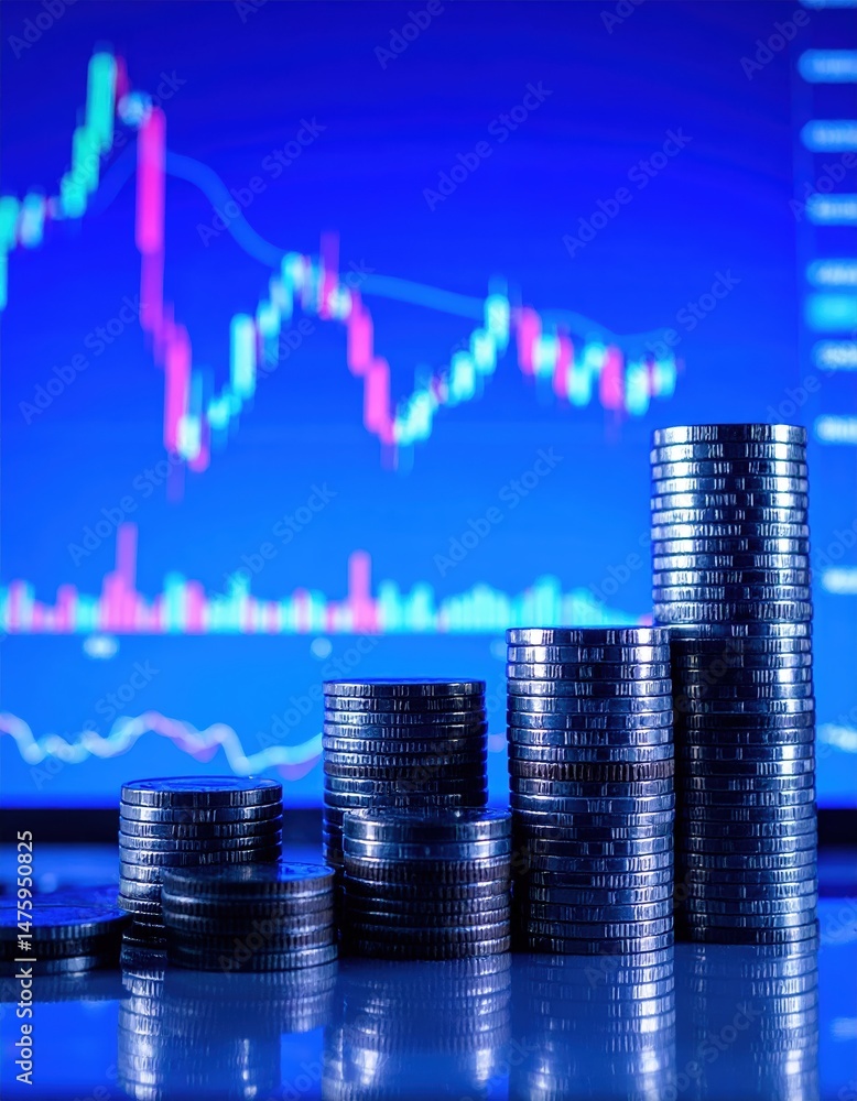 Poster a close-up view of neatly arranged stacks of shiny coins beside a vibrant stock chart, showcasing fl