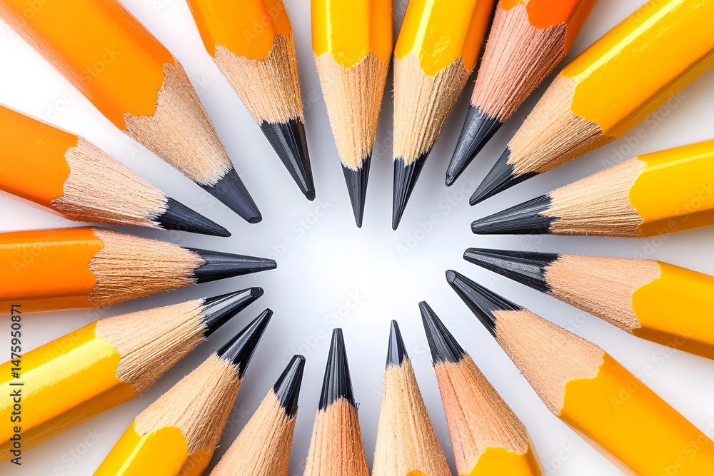Poster a circular arrangement of sharpened yellow pencils against a clean white background creating a creat