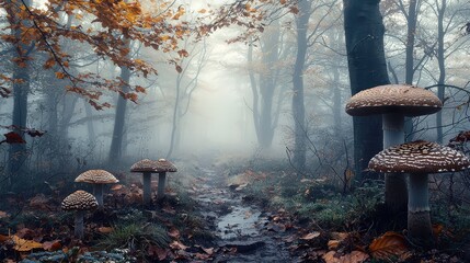 A quiet, misty forest after the rain, with mushrooms popping up from the moist ground, their caps sparkling in the faint sunlight.