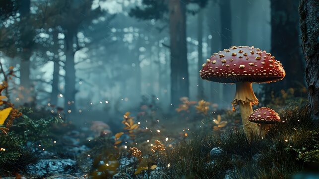 A quiet, misty forest after the rain, with mushrooms popping up from the moist ground, their caps sparkling in the faint sunlight.