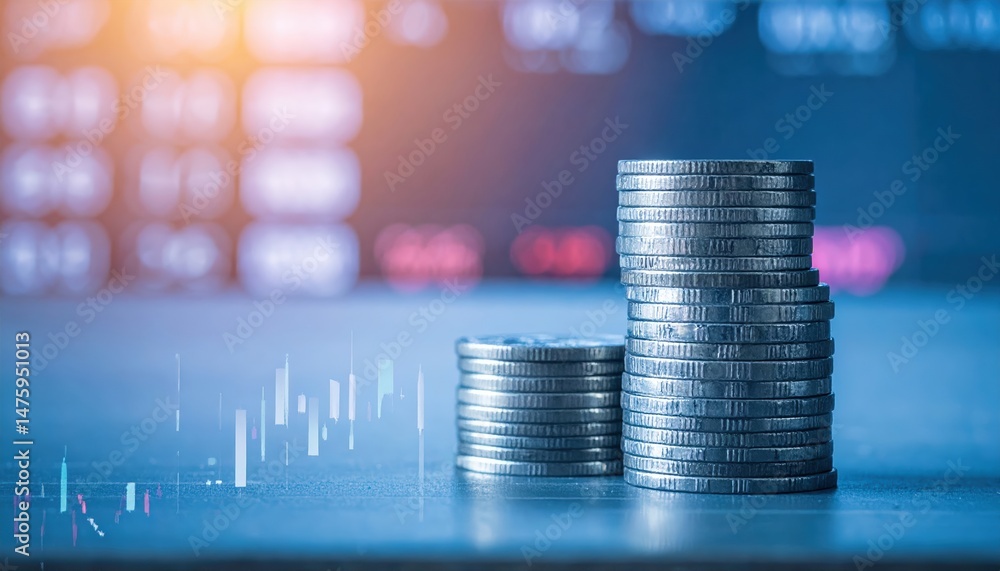 Aufkleber a close-up view of neatly arranged stacks of shiny coins on a wooden table, with colorful stock mark