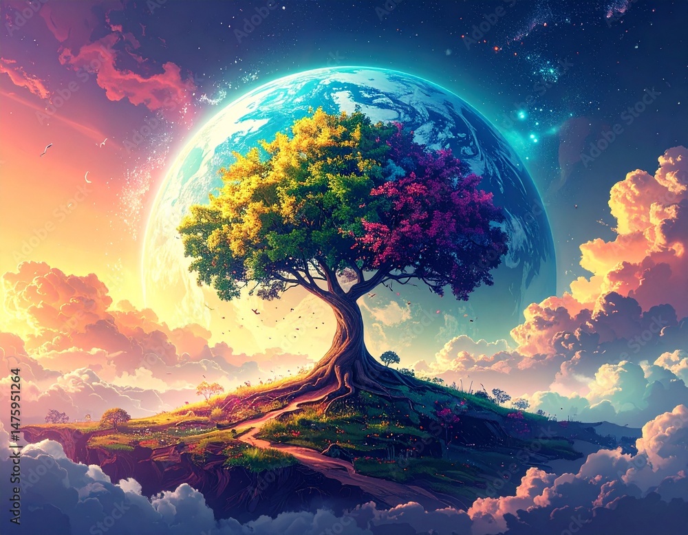 Poster a tree stands in a landscape where clouds of various colors and the earth intersect.