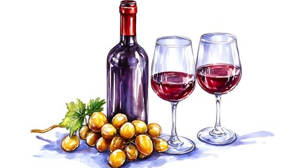 Obraz premium Hand-drawn illustration of wine bottle and glasses.