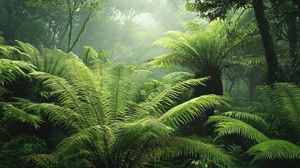 Fototapeta premium A quiet, serene part of the temperate rainforest with ferns growing thick and lush, the air cool and damp with moisture from the trees.