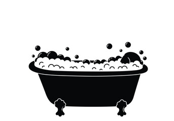 Bubble bath silhouette. This image shows a black and white design of a bathtub filled with foamy bubbles, symbolizing relaxation, self-care, and wellness. Vector clipart illustration design.