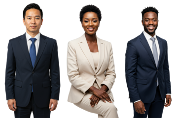 Diverse group of three business professionals, including an Asian man and a Black woman and man, wearing suits and ties, posing in a studio against a transparent background.