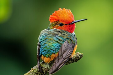 Obraz premium Photograph of a hummingbird perched on the end of a branch, with colorful plumage featuring a red head and chest, set against a green background. The close-up shot captures the detailed texture