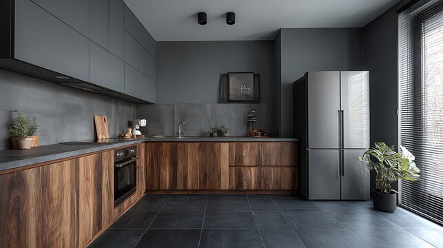 Contemporary kitchen with gray walls dark tiled floor gray and wooden cabinets built in cooker and sink and large gray refrigerator