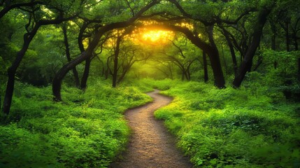 Obraz premium Enchanted Forest Path: Journey into a verdant forest where sunlight streams through the canopy, illuminating a winding path, inviting exploration and a sense of wonder. 