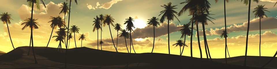 Obraz premium Palm trees against the sunset, panorama of the coast with palm trees, 3d rendering