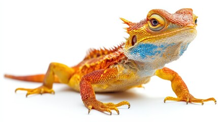 Obraz premium Captivating close-up of a vibrant bearded dragon, poised and alert on white