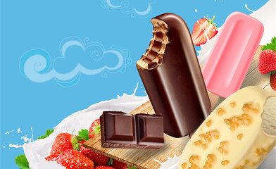 composition of popsicles and fruits with milk