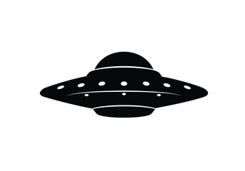 UFO silhouette. This image shows a black and white design of an unidentified flying object, symbolizing extraterrestrial presence and cosmic mystery. Vector clipart illustration design.