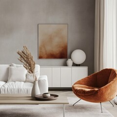 Japandi, minimalist interior design of modern living room with accent armchair and grey mock up wall with copy space.
