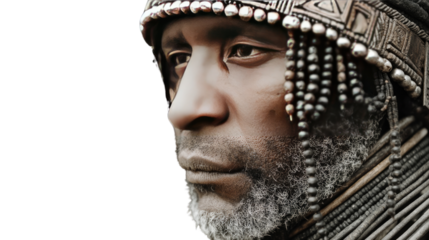 Ancient Warrior's Gaze: An image of a stoic warrior, captured in striking detail. The individual is adorned with intricate armor and headwear, showcasing historical elements and culture.