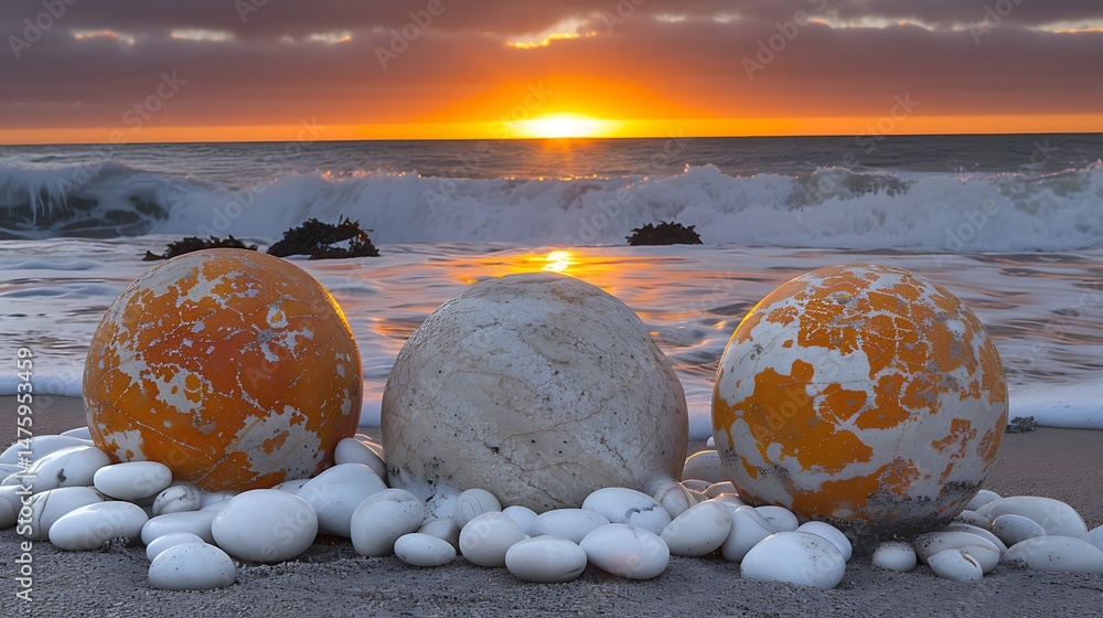 Poster three spherical objects on a pebble beach at sunset with pixelated textures