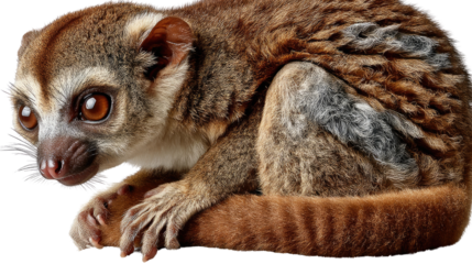 Curious Mouse Lemur: A captivating portrait of a small and adorable mouse lemur, characterized by its large eyes, long tail and soft fur,  captures the animal's curious nature and charm. 