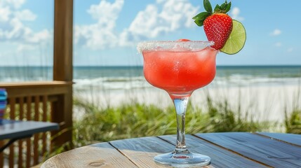 A refreshing strawberry margarita in a classic glass, garnished with a whole strawberry and a lime slice, resting on a beachside table with a relaxing ocean view.