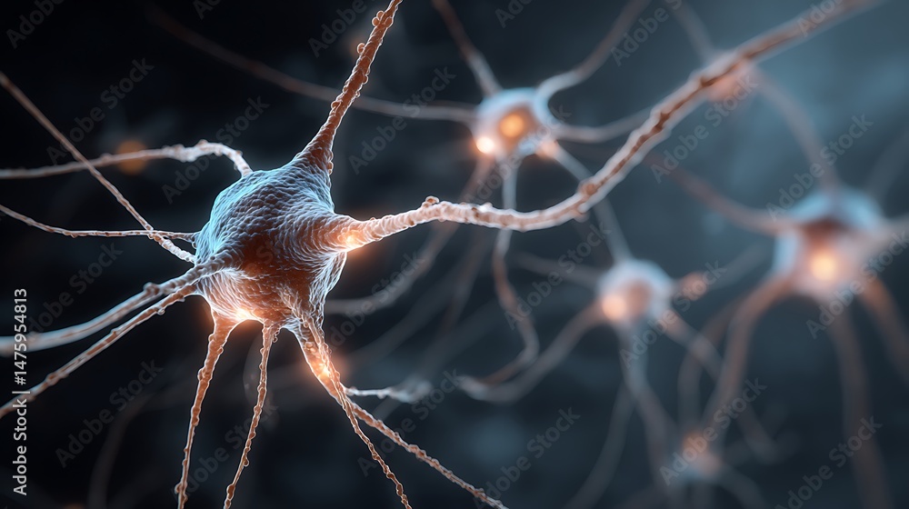 Poster Conceptual abstraction of brain neurons, insight concept, portrait with selective focus and copy space