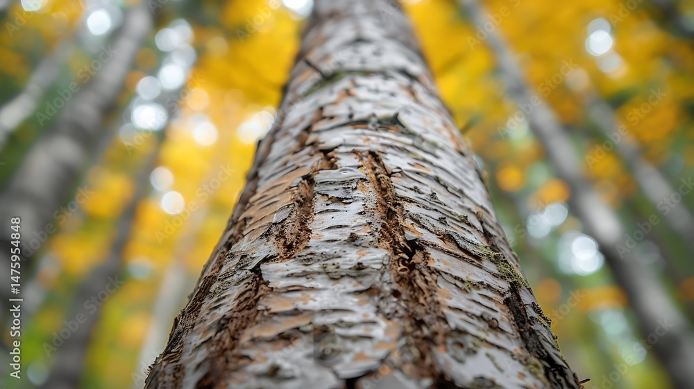 Poster upward view of birch tree trunk in forest setting with blurred green and yellow foliage