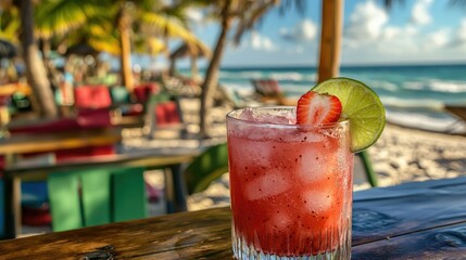 A refreshing strawberry margarita served with crushed ice, garnished with fresh lime and strawberry slices, placed on a vibrant tropical beach bar.