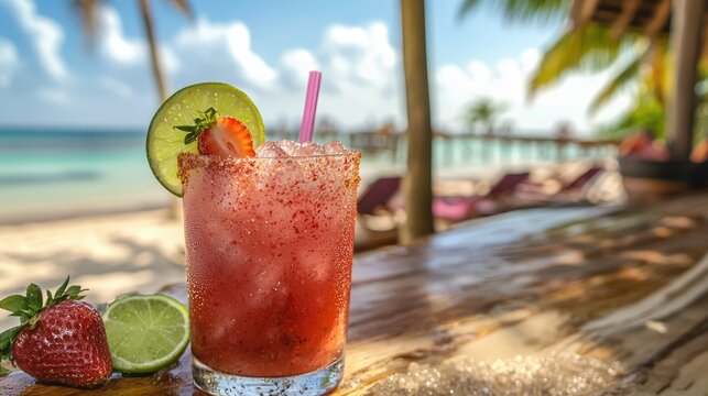 A refreshing strawberry margarita served with crushed ice, garnished with fresh lime and strawberry slices, placed on a vibrant tropical beach bar. - Powered by Adobe